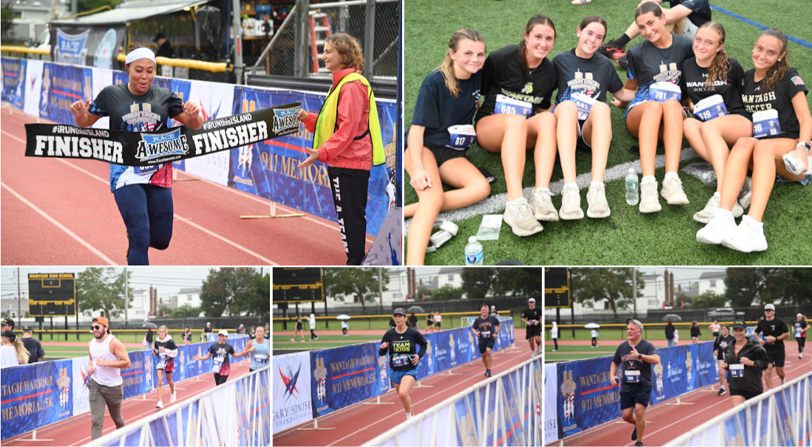 A collage of images showing runners on a track, crossing the finish line, and resting together on the grass.